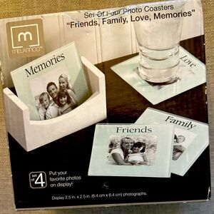 New in Box Melannco white photo coasters 4 pack with holder